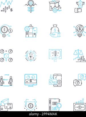 Set di icone lineari di rischio fiscale. Investimento, profitto, finanziamento, impresa, capitale, Start-up, vettore di linea di equità e segnali concettuali. Crescita,ROI Illustrazione Vettoriale
