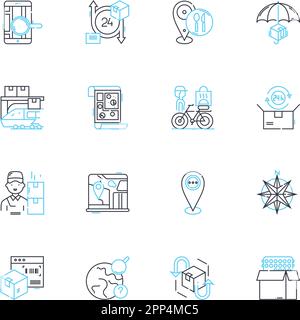 Set di icone lineari BluePrint. Architettura, piano, progettazione, diagramma, struttura, Segni di modello, vettore di linea di sformo e di concetto. Grafico, Layout, contorno specifiche Illustrazione Vettoriale