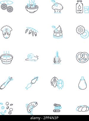 Set di icone lineari per l'industria della ristorazione. Ristoranti, cucina, cibo, ospitalità, Catering, Menu, linea BBQ vettoriale e segnali concettuali. Brunch, caffetteria, informale Illustrazione Vettoriale