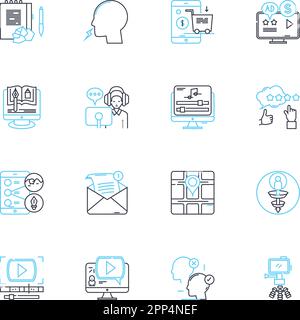 Set di icone lineari per la creazione di contenuti. Creatività, innovazione, autenticità, narrazione, copywriting, Modifica, formattazione del vettore di linea e dei segnali concettuali Illustrazione Vettoriale