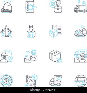 Insieme di icone lineari per aziende logistiche. Spedizione, trasporto, distribuzione, immagazzinamento, trasporto, Logistica, linee vettoriali della catena di fornitura e segnaletica concettuale Illustrazione Vettoriale