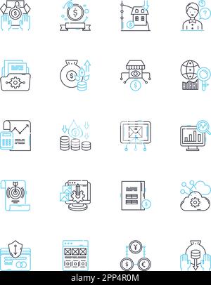 Set di icone lineari per la politica economica. Fiscale, mario, inflazione, deflazione, interessi, Fiscalità, vettore di linea di regolamentazione e segnali di concetto. Commercio, crescita Illustrazione Vettoriale