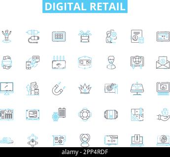 Set di icone lineari per il retail digitale. E-commerce, omnichannel, Personalizzazione, Mobile, ai, Segnali virtuali, vettoriali di linee aumentate e concettuali. Sociale Illustrazione Vettoriale