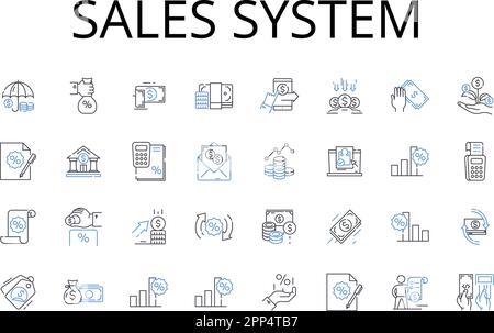 Raccolta di icone della linea del sistema di vendita. Modello di business, flusso di ricavi, piano di marketing, percorso del cliente, generazione di reddito, Strategia di mercato, Vendita Illustrazione Vettoriale