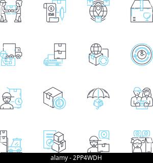 Set di icone lineari per la consegna delle merci. Spedizione, consegna, logistica, pacchi, corriere, Segnaletica di magazzino, linea di evasione e concetto. Trasporto Illustrazione Vettoriale