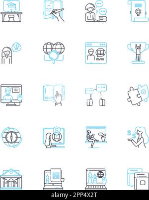 Set di icone lineari per tutorial e-learning. Online, corso, istruzioni, lezione, classe, Lezione, tutorial vettore di linea e segnali concettuali. Apprendimento, istruzione Illustrazione Vettoriale