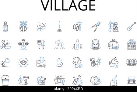 Villaggio linea icone collezione. Borgo, piccola città, comunità rurale, insediamento, campagna, Avamposto, vettore di Colonia e illustrazione lineare. Township Illustrazione Vettoriale