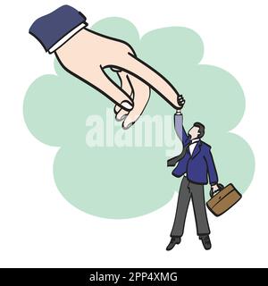 primo piano grande mano aiutare uomo d'affari con valigia illustrazione vettore mano disegnata isolato su sfondo bianco linea d'arte Illustrazione Vettoriale