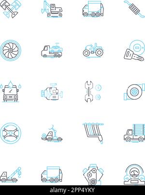 Set di icone lineari di riparazione auto business. Manutenzione, riparazioni, diagnostica, messa a punto, freni, Pneumatici, linee di allineamento vettoriali e segnali concettuali. Cambio dell'olio Illustrazione Vettoriale