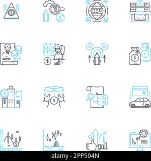 Serie di icone lineari di impresa di affari. Investimenti, start-up, imprenditorialità, espansione, innovazione, Marketing, linee di vendita vettoriali e segnali concettuali Illustrazione Vettoriale