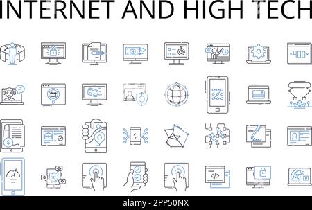 Internet e linea high tech icone collezione. Cyberspazio, World Wide Web, era digitale, basato sui dati, online, Tecnologia dell'informazione, realtà virtuale Illustrazione Vettoriale