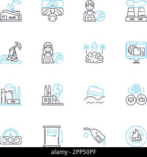 Set di icone lineari automatizzate del settore. Robotica, automazione, assemblaggio, produzione, produzione, Controllo, vettore di linea di lavorazione e segnali concettuali Illustrazione Vettoriale