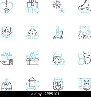 Set di icone lineari per le feste. Celebrazione, gioia, Famiglia, felicità, Amore, Dono-dare, vettore linea Cheer e segnali di concetto. Festa, Tradizioni Illustrazione Vettoriale