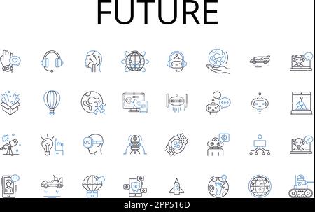 Collezione futura di icone di linea. Destiny, domani, Outlook, prospettive, orizzonte, Time Ahead, vettore di eventualità e illustrazione lineare. Di seguito Illustrazione Vettoriale