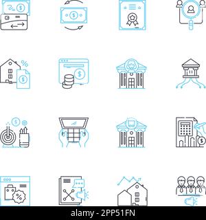 Set di icone lineari per le attività di capitale. proprietà, investimenti, attrezzature, macchinari, edifici, terra, veicoli vettore di linea e segnali concettuali. infrastruttura Illustrazione Vettoriale