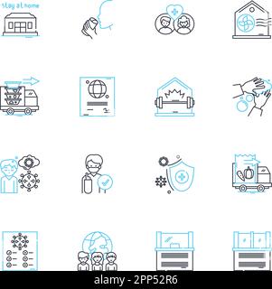 Set di icone lineari diffusione virus. Contagio, infettivo, focolaio, epidemia, pandemico, Trasmissione, vettore di linea infetto e segnali concettuali. Isolamento Illustrazione Vettoriale