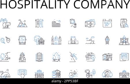 Collezione di icone della linea dell'azienda di ospitalità. Azienda ricettiva, settore dei servizi, Servizio clienti, settore alberghiero, Società alberghiera Illustrazione Vettoriale