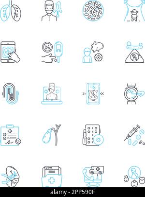 Set di icone lineari fisiche. Brawn, muscoli, forza, Bodybuilding, Fitness, Segnali vettoriali e concettuali scolpiti e di linea ferma. Profilo Lean, Td, athleticism Illustrazione Vettoriale