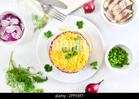 Insalata a strati con barbabietole, aringhe, carote e patate. Tradizionale insalata shuba russa. Vista dall'alto, piatto. Foto Stock