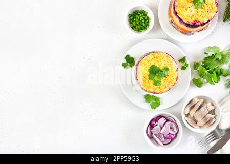 Insalata a strati con barbabietole, aringhe, carote e patate su sfondo di pietra con spazio di testo libero. Insalata di shuba. Vista dall'alto, disposizione piatta Foto Stock