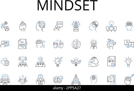 Collezione di icone linea mindset. Atteggiamento, prospettiva, Outlook, Filosofia, sistema di credenze, Mentalità, vettore Worldview e illustrazione lineare Illustrazione Vettoriale