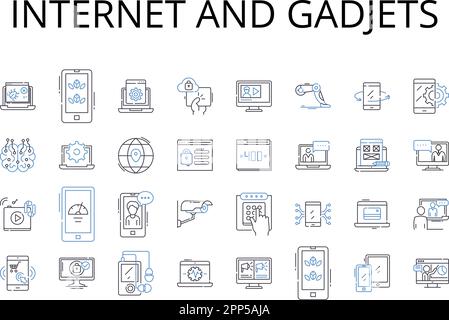 Collezione di icone della linea gadjets e Internet. World Wide Web, Cyberspace, Online, Nerk, Web, Digitale, informazione superstrada vettoriale e lineare Illustrazione Vettoriale