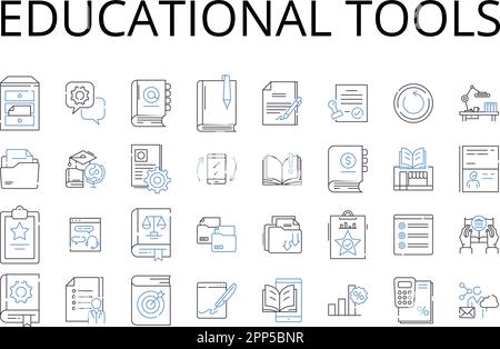 Collezione di icone della linea di strumenti didattici. Sussidi didattici, risorse accademiche, materiali didattici, attrezzatura didattica, strumenti di conoscenza, Studi di sostegno Illustrazione Vettoriale