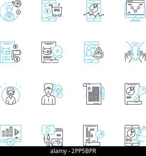 Set di icone lineari per la tecnologia Web. HTML, CSS, JavaScript, API, Framework, Segnali vettoriali e concettuali di linea back-end reattivi. Frontend,Database,CMS Illustrazione Vettoriale