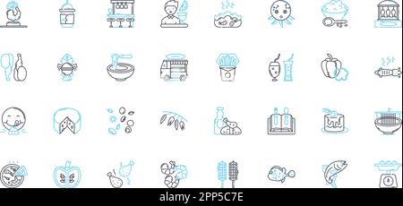 Set di icone lineari per il settore alimentare. Produzione, ingredienti, qualità, sicurezza, lavorazione, Confezionamento, linee di prodotti per l'igiene e segnaletica concettuale Illustrazione Vettoriale