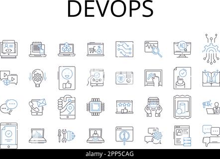 Collezione di icone linea DevOps. Sviluppo agile, cloud computing, trasformazione digitale, apprendimento continuo, analisi aziendale, Apprendimento automatico Illustrazione Vettoriale