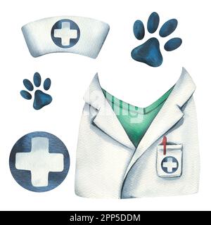 Un set di vestiti per un veterinario con zampe animali. Illustrazione acquerello, disegnata a mano. Soliti su fondo bianco. Per le cliniche Foto Stock