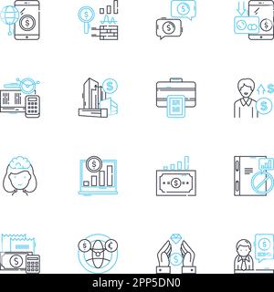 Set di icone lineari di rischio fiscale. Investimento, profitto, finanziamento, impresa, capitale, Start-up, vettore di linea di equità e segnali concettuali. Crescita,ROI Illustrazione Vettoriale