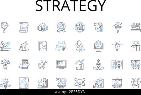 Raccolta di icone della linea di strategia. Piano, tattica, approccio, Schema, Blueprint, Metodo, vettore di procedura e illustrazione lineare. Manovra,Agenda,piano di gioco Illustrazione Vettoriale
