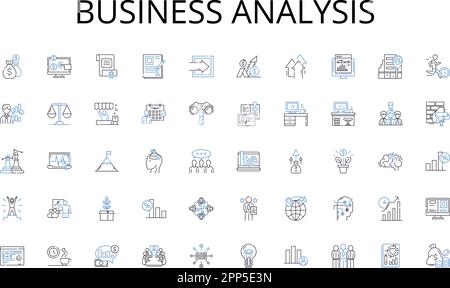 Raccolta di icone della linea di analisi aziendale. Organizzazione, Pianificazione, bilancio, attività, sequenza temporale, Risorse, vettore di ambito e illustrazione lineare. Risultati finali Illustrazione Vettoriale