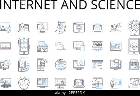 Internet e la collezione di icone della linea scientifica. Nternet, Web, Net, Cyberspace, Online, Digital World, Information superhighway vettoriale e lineare Illustrazione Vettoriale