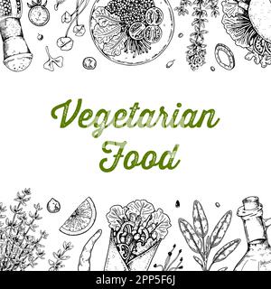 Cibo vegetariano sfondo. Illustrazione vettoriale disegnata a mano nello stile di schizzo. Design del menu del ristorante Illustrazione Vettoriale