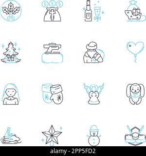 Yuletide festeggiamenti icone lineari set. Yule, festive, Cheer, renne, Holly, Mistletoe, vettore di linea Eggnog e segnali concettuali. Gioioso, allegro, Jingle Illustrazione Vettoriale