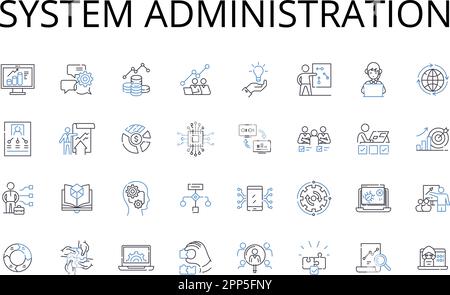 Raccolta di icone della riga di amministrazione del sistema. Gestione Nerk, sicurezza informatica, supporto IT, gestione utenti, analisi dei dati, Cloud computing, progetto Illustrazione Vettoriale