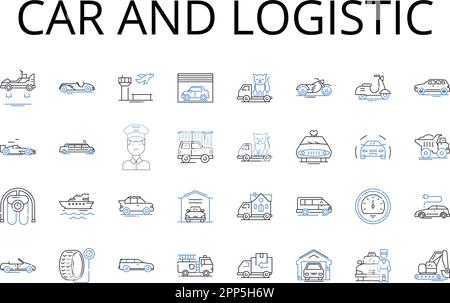 Collezione di icone per auto e linee logistiche. Veicolo e trasporto, Automobile e trasporto, camion e trasporto, bici e trasporto, furgone e. Illustrazione Vettoriale