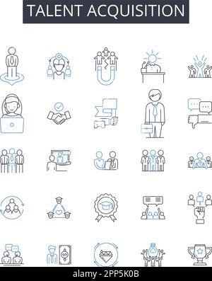 Collezione di icone per la linea di acquisizione dei talenti. Gestione delle prestazioni, fidelizzazione dei dipendenti, pianificazione delle successioni, risorse umane, soluzioni per il personale, Abilità Illustrazione Vettoriale