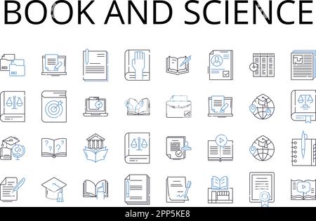 Collezione di icone della linea del libro e della scienza. Volume e ricerca, manoscritto e conoscenza, Tomo e fisica, Pubblicazione e biologia, Codex e chimica Illustrazione Vettoriale