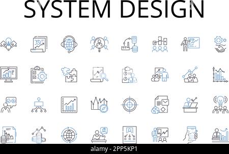 Collezione di icone della linea di progettazione del sistema. Pianificazione strategica, controllo di bilancio, ricerca di marketing, analisi dei dati, gestione finanziaria, Gestione dei progetti Illustrazione Vettoriale