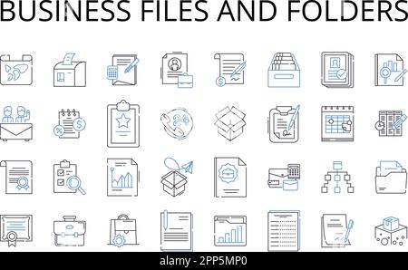 Raccolta di icone delle linee di file e cartelle aziendali. Documenti di lavoro, documenti aziendali, documenti aziendali, file aziendali, archivi di Office, Amministrazione Illustrazione Vettoriale