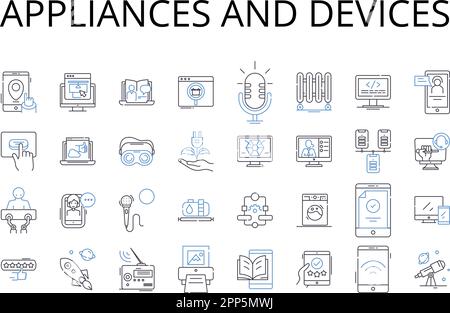 Collezione di icone delle linee di apparecchi e dispositivi. Attrezzi e gadget, oggetti e cose, macchine e contrazioni, attrezzature ed apparecchi, dispositivi e. Illustrazione Vettoriale
