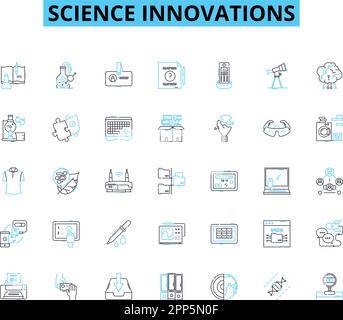 Insieme di icone lineari per le innovazioni scientifiche. Biotecnologia, nanotecnologia, robotica, genetica, Quantum, Neuroscienze, vettore di linea e concetto biomeccanici Illustrazione Vettoriale