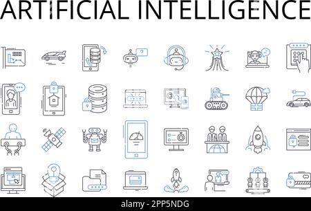 Collezione di icone della linea di intelligenza artificiale. Apprendimento automatico, elaborazione cognitiva, automazione digitale, sistemi autonomi, intelligenza robotica Illustrazione Vettoriale