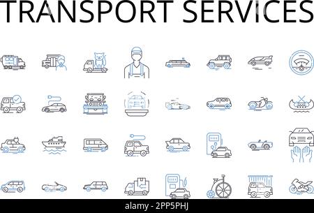 Raccolta icone linea servizi di trasporto. Opzioni di consegna, soluzioni di transito, metodi di spedizione, metodi di pendolarismo, servizi logistici, Trasporto Illustrazione Vettoriale