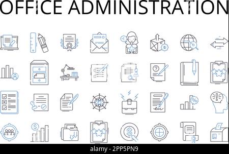 Raccolta di icone della riga di amministrazione di Office. Gestione aziendale, strategia di marketing, risorse umane, Servizio clienti, contabilità finanziaria Illustrazione Vettoriale