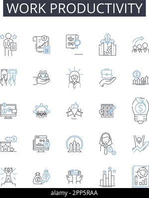 Raccolta di icone della linea di produttività del lavoro. Gestione del tempo, efficienza del lavoro, completamento delle attività, qualità dell'output, percentuale di prestazioni, Quantità di output Illustrazione Vettoriale