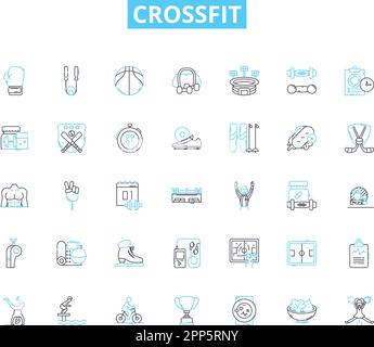 Icone lineari CrossFit impostate. WOD, Box, Rep., AMRAP, EMOM, Kipping, vettore di linea di intensità e segnali concettuali. Muscolo-aumenta, spintori, pulisce il contorno Illustrazione Vettoriale